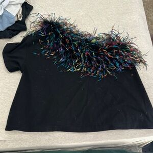COPY - Black Top with Colorful Feather Detail
